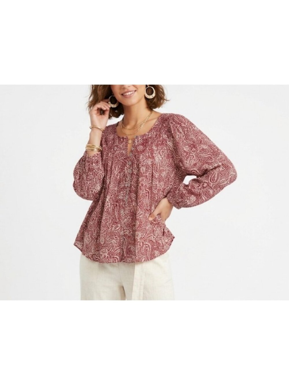 We The Free Women’s Red White Paisley Long Sleeve Peasant Blouse Size M